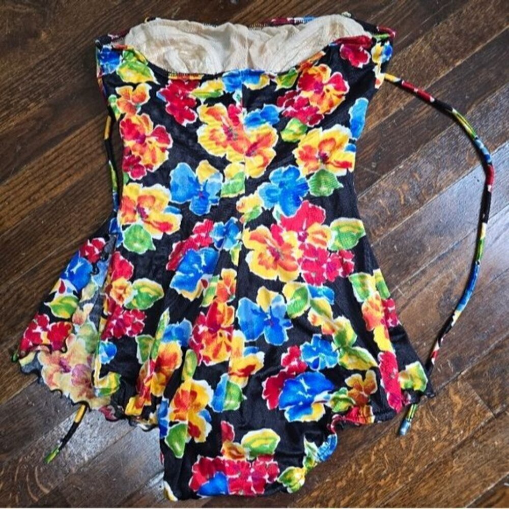 Vintage 70s ILGWU Black Tropical Floral One Piece Skirt Swimsuit - Picture 3 of 11